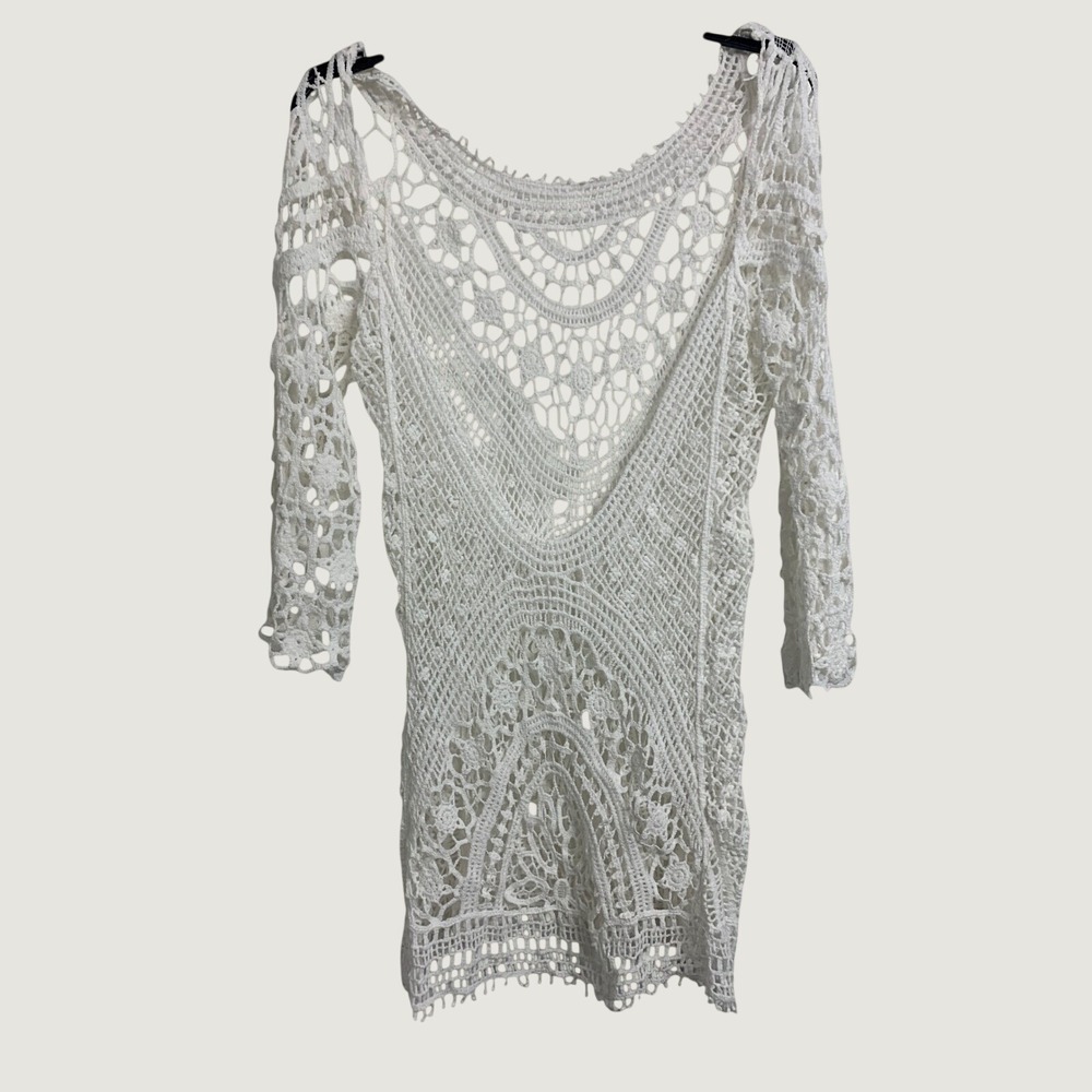 White Crochet Knit Tunic Top 100% Cotton Pom Pom Trim Beach Coverup Medium